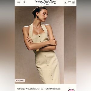 PrettyLittleThing Almond Woven Halter Button Maxi Dress